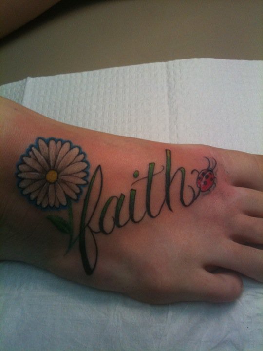 Walk By Faith text With Cross Tattoo On Foot
